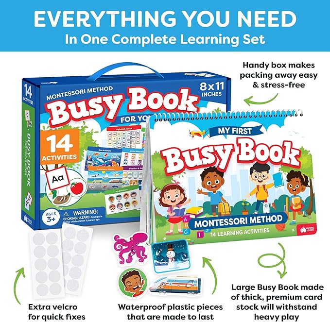 Montessori Preschool Busy Book for Toddlers Ages 3 and Up - Preassembled - Preschool Learning Activities Homeschool Montessori Toys
