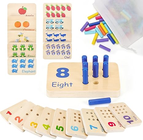 Wooden Montessori Number Blocks for Toddlers, Counting Peg Board